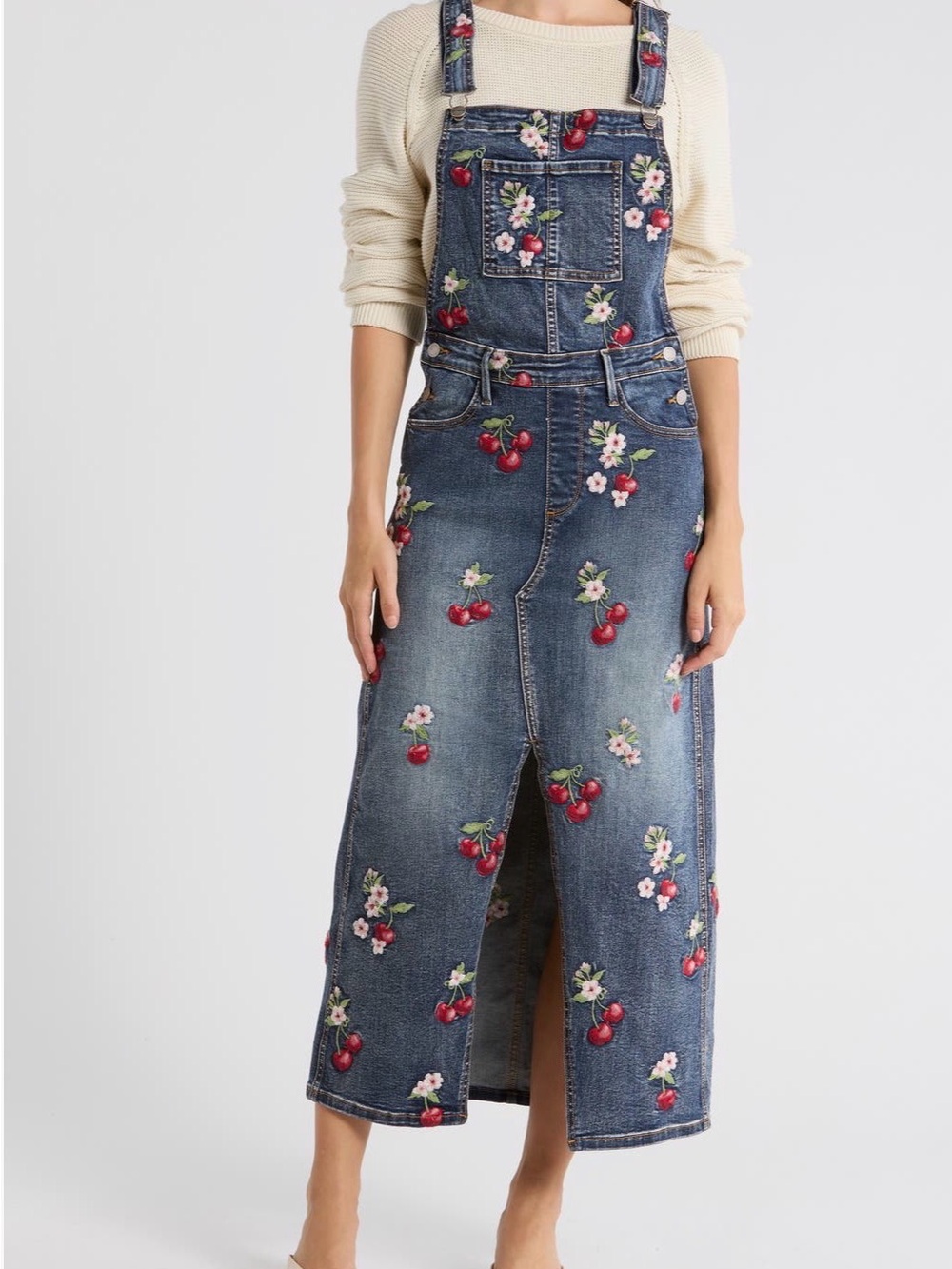 DRIFTWOOD Blue Denim Cherry Embroidered Overall Skirt